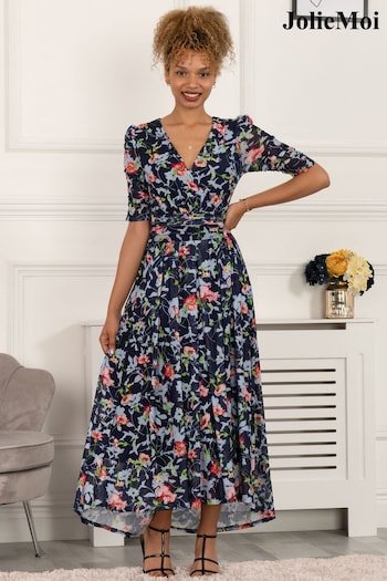 Jolie Moi Blue Gavina Ruched Sleeve Mesh Maxi Dress (C45880) | £89