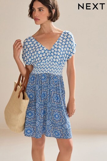 Blue Tile Print Shirred Waist V-Neck Sleeveless Mini Dress (C45917) | £28