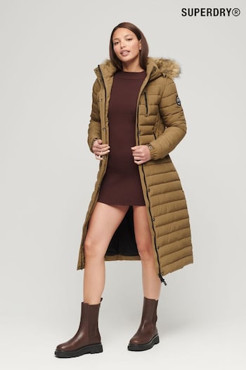 Superdry Brown Faux Fur Hooded Longline Light Padded Puffer Coat (C46057) | £115