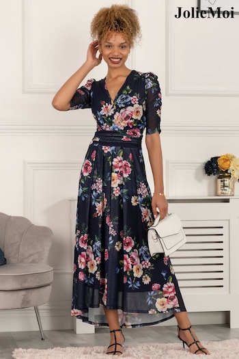 Jolie Moi Blue Haizley Floral Print Mesh Maxi Dress (C46378) | £89