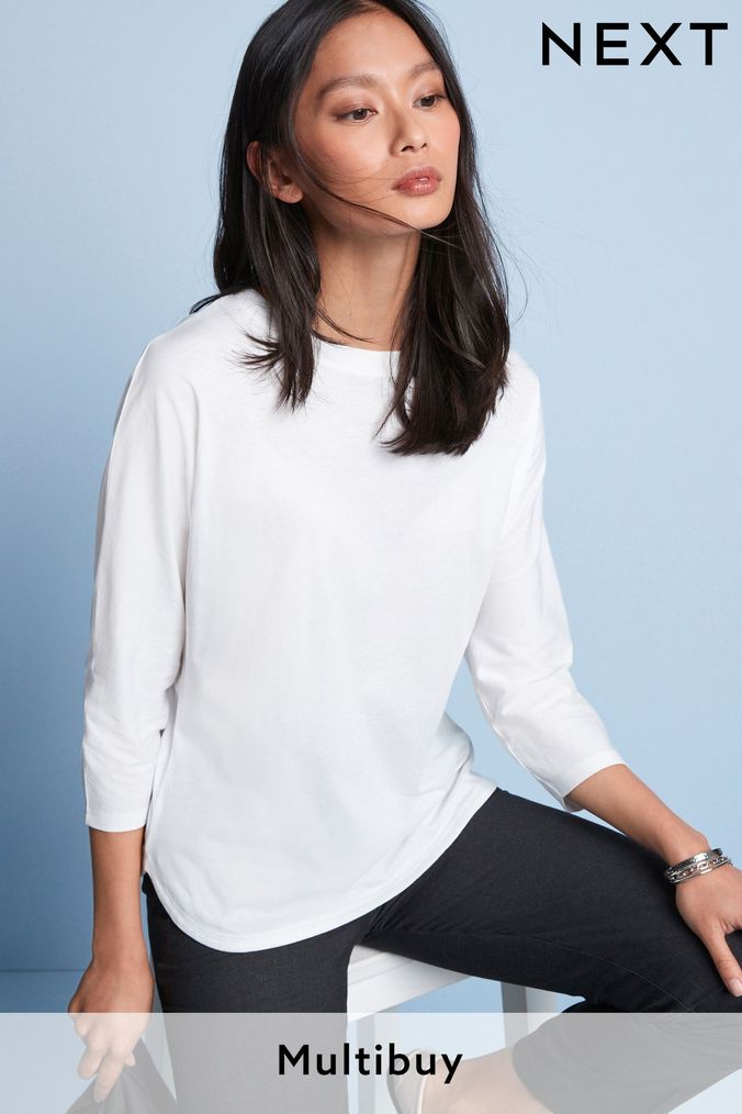 Buy Women s Round Neck 100 Cotton 3 4 Sleeve Tshirts Online Next UK