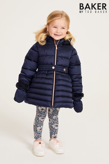 Baker by Ted Baker Shower Resistant Navy Skirted Coat With Mittens (C46798) | £65 - £68