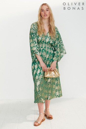 Oliver Bonas Green Floral Metallic Midi Dress (C47074) | £85