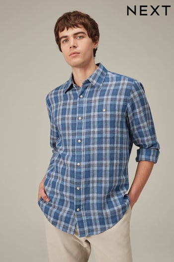 Blue Linen Blend Check Long Sleeve Shirt (C47097) | £32
