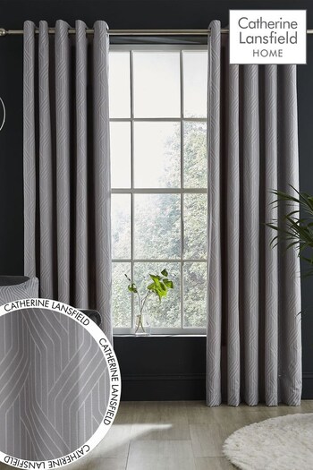 Catherine Lansfield Silver Linear Geo Jacquard Eyelet Lined Curtains (C47355) | £40 - £120