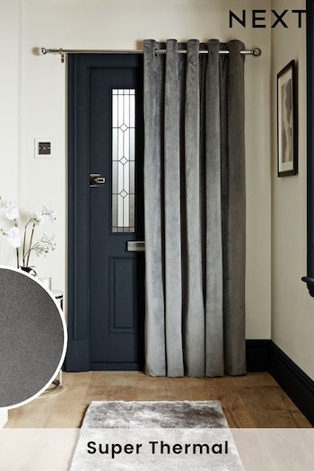 Charcoal Grey Matte Velvet Door Eyelet Curtains (C48114) | £55 - £75