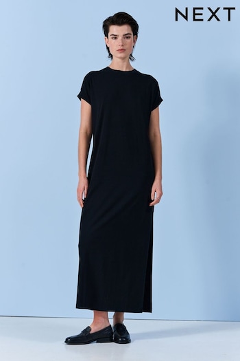 Black Cap Sleeve Crew Neck Maxi T-Shirt Dress (C48126) | £20