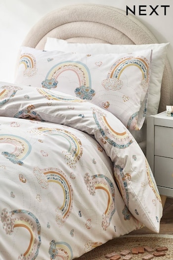 Ecru Rainbow Printed Polycotton Duvet Cover and Pillowcase Bedding (C48396) | £15 - £22