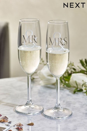 Silver Set of 2 Mr and Mrs Glass Wedding Flutes (C48617) | £12
