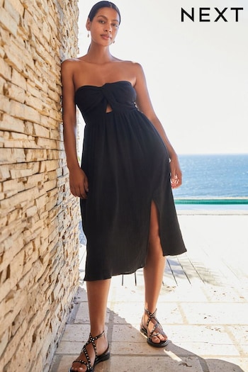 Black 100% Cotton Bandeau Cut-Out Midi Summer Dress (C48916) | £36