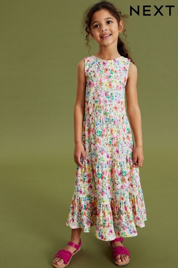 White/Pink/Green Summer Floral Back Detail Jersey Tiered Midi Dress (3-16yrs) (C49042) | £20 - £26