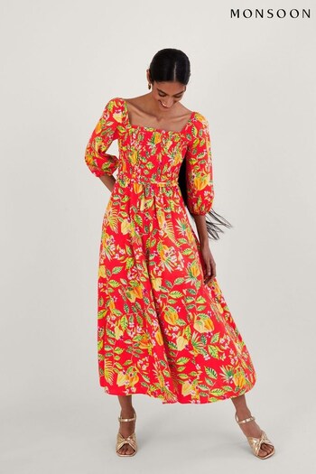 Monsoon Red Pippa Print Midi Dress (C49130) | £125