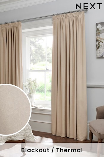 Oatmeal Matte Velvet Pencil Pleat Blackout/Thermal Curtains (C49158) | £50 - £135