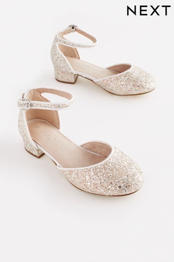 Ivory White Glitter Occasion Ankle Strap Low Heel Shoes (C49199) | £25 - £32