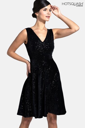 HotSquash Velvet V-Neck Black Fit N Flare Dress (C49339) | £169
