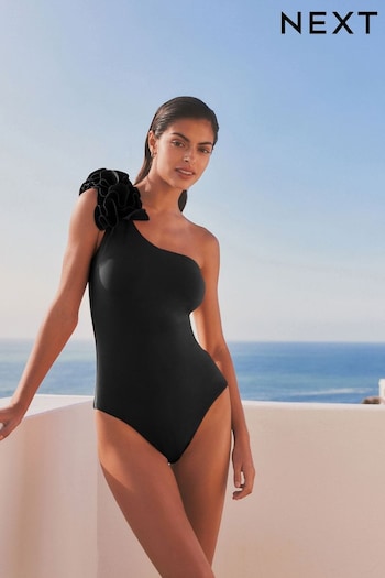 Black Ruffle One Shoulder Tummy Shaping Control Swimsuit (C49667) | £42