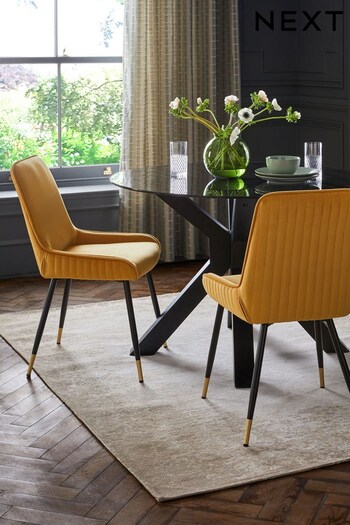 Set of 2 Soft Velvet Ochre Yellow Piano Non Arm Dining Chairs (C50231) | £250