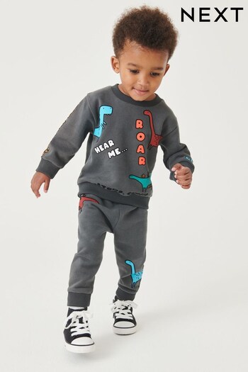 Charcoal Grey Dino All-Over Print Jersey Sweatshirt And Joggers Set (3mths-7yrs) (C50263) | £18 - £22