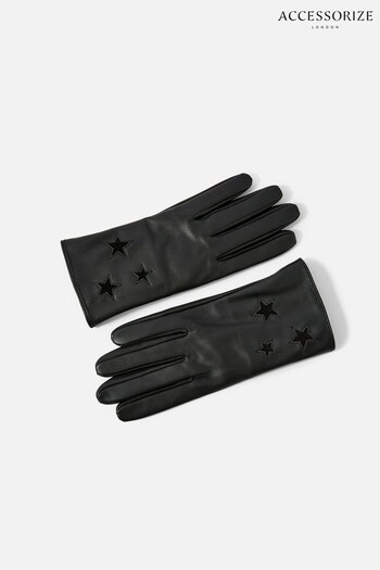 Accessorize Luxe Star Black Leather Gloves (C50621) | £25