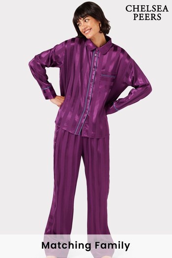 Chelsea Peers Purple Satin Jacquard Stripe Long Pyjama Set (C51113) | £55