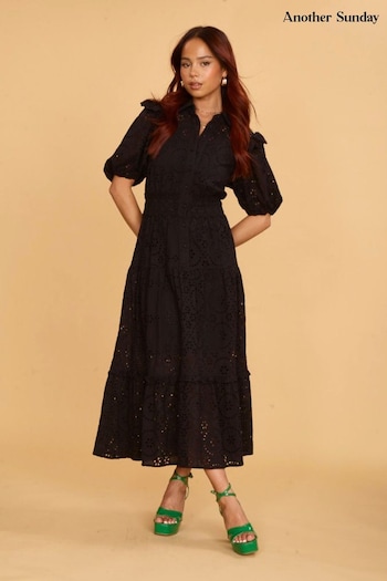 Another Sunday Midi Shirt Black Dress With Puff Sleeves And Broderie Detail (C51175) | £75