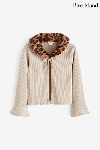 River Island Cream Leopard Faux Fur Collar Cardigan (C51588) | £22 - £29