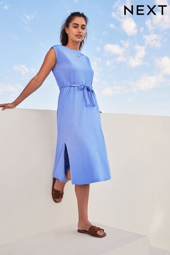 Blue Short Sleeve 100% Cotton Belted T-Shirt Midi Summer Dress (C51719) | £24