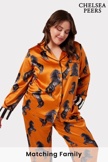 Chelsea Peers Orange Curve Satin Orange Horses Print Long Pyjama Set (C51925) | £55