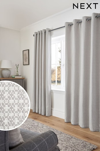 Grey Textured Mini Geometric Eyelet Curtains (C51989) | £70 - £160