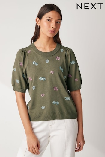Khaki Green Floral Embroidery Crew Neck Short Sleeve Jumper (C53228) | £28
