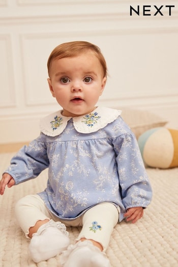 Blue Floral Collar Baby Top And Leggings Set (C53502) | £15 - £17