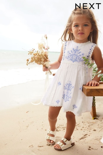 Blue/White Embroidered Cotton Dress (3mths-8yrs) (C53857) | £21 - £27