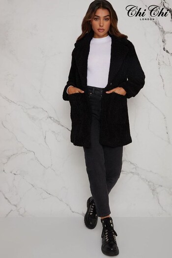 Chi Chi London Black Mid Length Teddy Coat (C54102) | £100