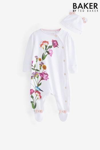 Baker by Ted Baker White Floral Sleepsuit and Hat Set (C54432) | £24 - £26
