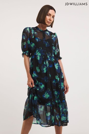 JD Williams Mono Print Midi Smock Black Dress With Camisole Slip (C54517) | £36
