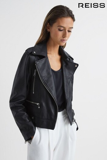 Reiss Black Santiago Leather Biker Jacket (C54565) | £170