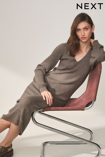 Neutral Brown Premium 100% Merino Wool Dress (C54662) | £85