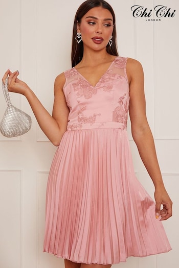 Chi Chi London Pink Embroidered Lace Pleated Midi Dress (C54705) | £98