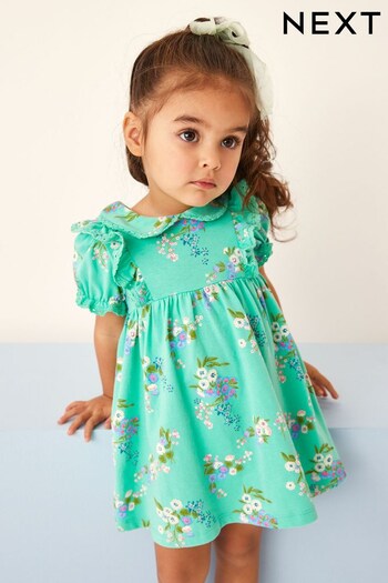 Green Floral Peter Pan Collar Puff Sleeve Cotton Jersey Dress (3mths-7yrs) (C55414) | £4.50 - £5.50