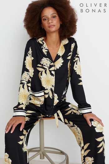 Oliver Bonas Yellow Floral Stripe Shirt And Trousers Pyjama Set (C56539) | £70