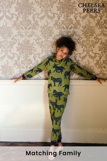 Chelsea Peers Green Kids' Recycled Fibre Green Zebra Print Long Pyjama Set (C56884) | £28