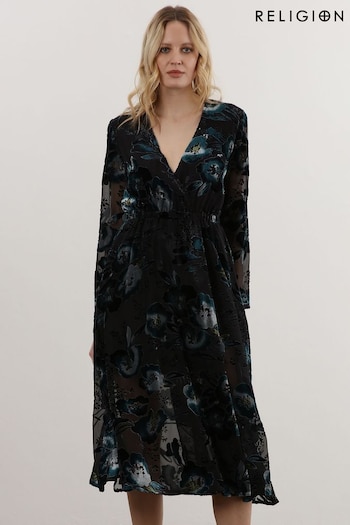 Religion Black Lux Velvet Midi Wrap Dress In Burn Out Floral Fabric (C56901) | £152