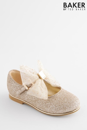 Baker by Ted Baker Girls Gold Glitter Mary Jane Shoes Souliers with Bow (C57028) | £36
