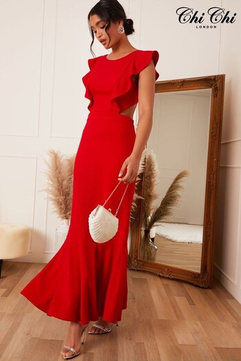 Chi Chi London Red Ruffle Sleeve Cut-Out Back Maxi Dress (C57558) | £76