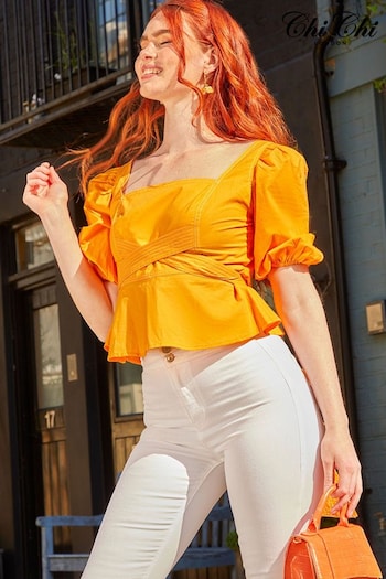 Chi Chi London Yellow Square Neck Puff Sleeve Top (C57669) | £40