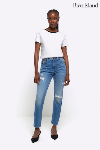 River Island Blue Ripped Slim Straight Non - Stretch  Jeans T-Shirt (C57698) | £48