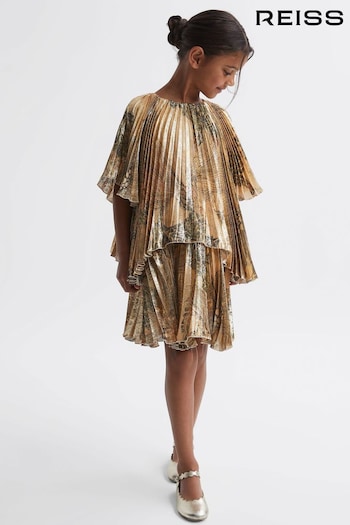 Reiss Gold Rhea Junior Metallic Pleated Tiered Dress (C58758) | £128