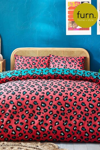 furn. Teal Blue/Coral Red Leopard Print Reversible Duvet Cover and Pillowcase Set (C58970) | £16 - £26
