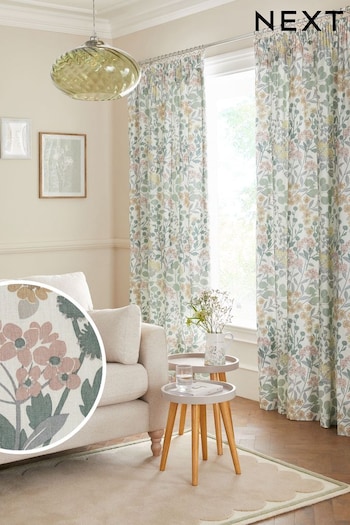 Blue/Green Nordic Floral Print Pencil Pleat Lined Curtains (C58996) | £30 - £95