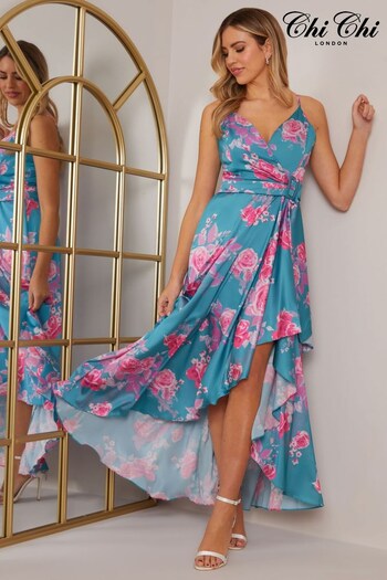 Chi Chi London Blue Cami Floral Wrap Midi Dip Hem Dress (C59498) | £70